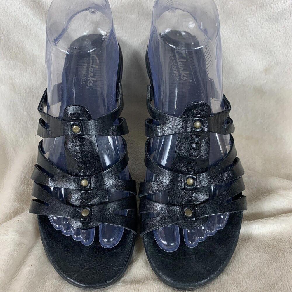 Clarks Bendables Womens 7M Slides Sandals Black Strappy Wedge Leather Slip On - Picture 7 of 11